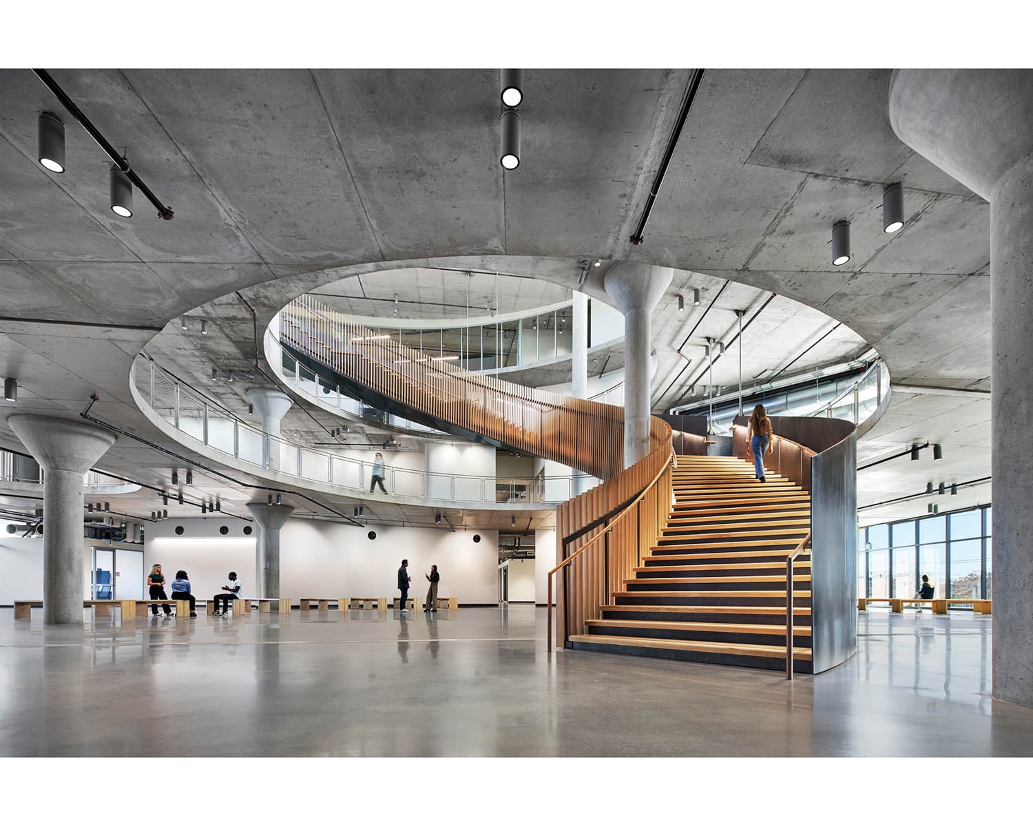 staircase in room with circular cutout