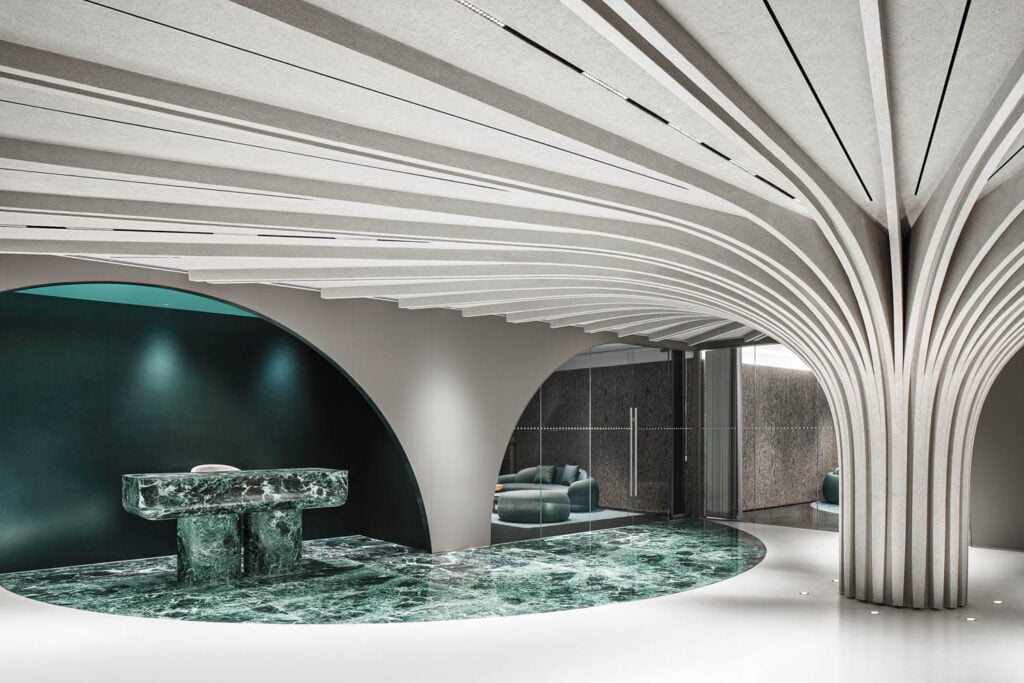 Futuristic lobby with a sculptural ceiling resembling a tree