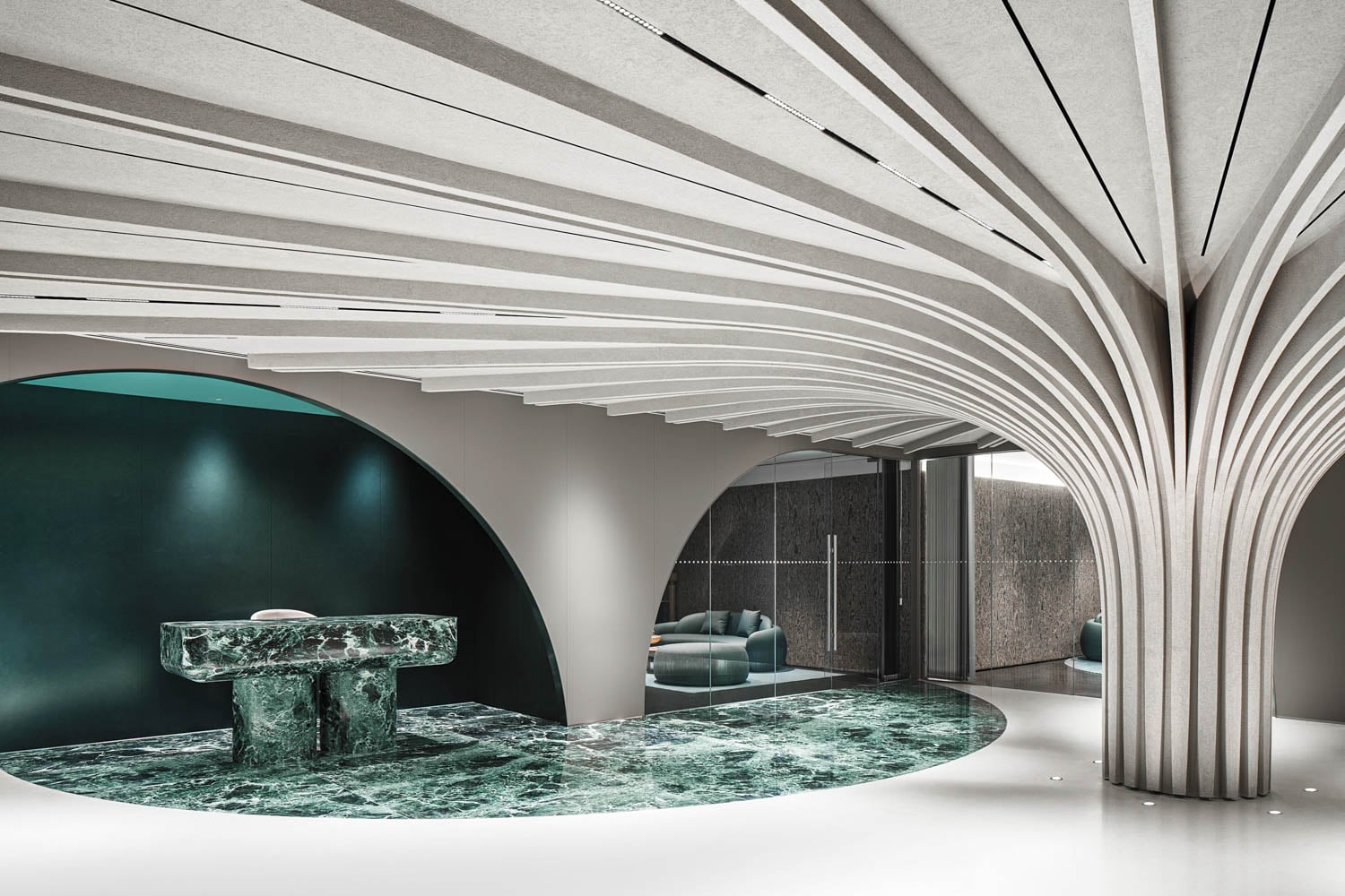 Futuristic lobby with a sculptural ceiling resembling a tree