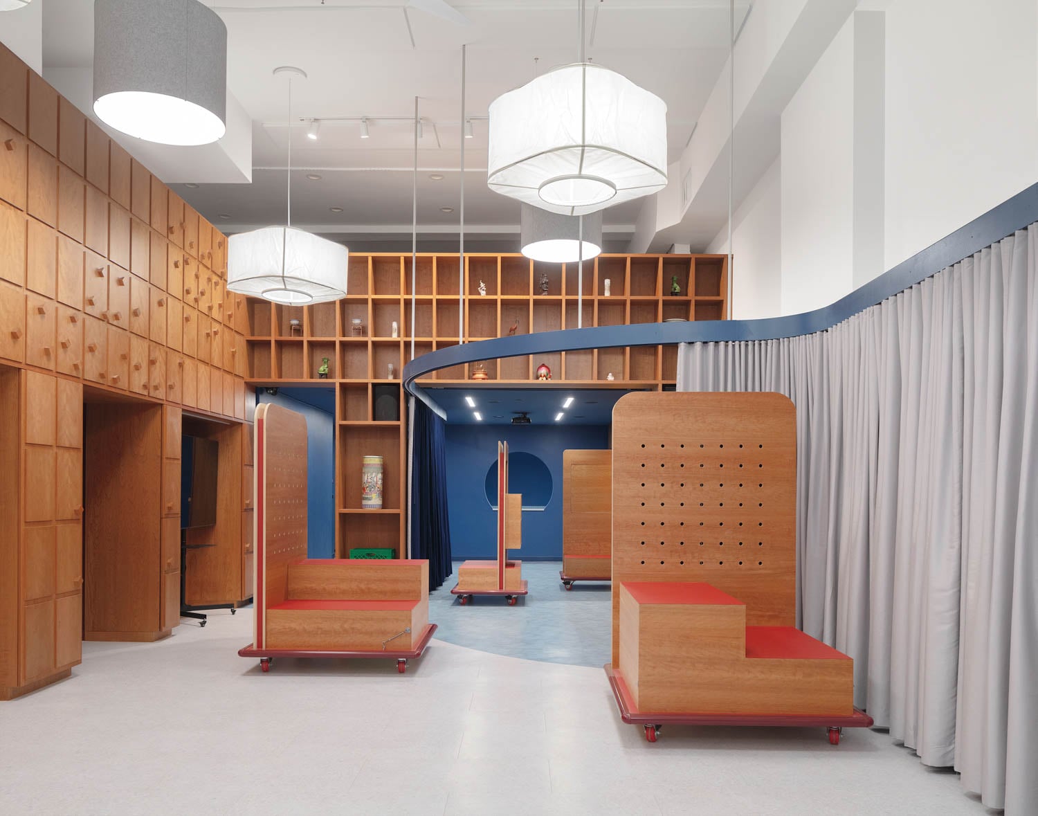 Modern interior with wooden paneling, adjustable furniture, and soft lighting