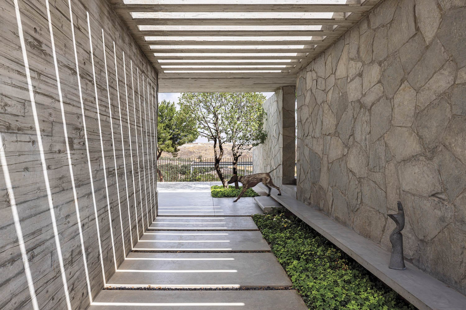 Stone walkway with intersecting sunlit beams leading to an open area with a tree