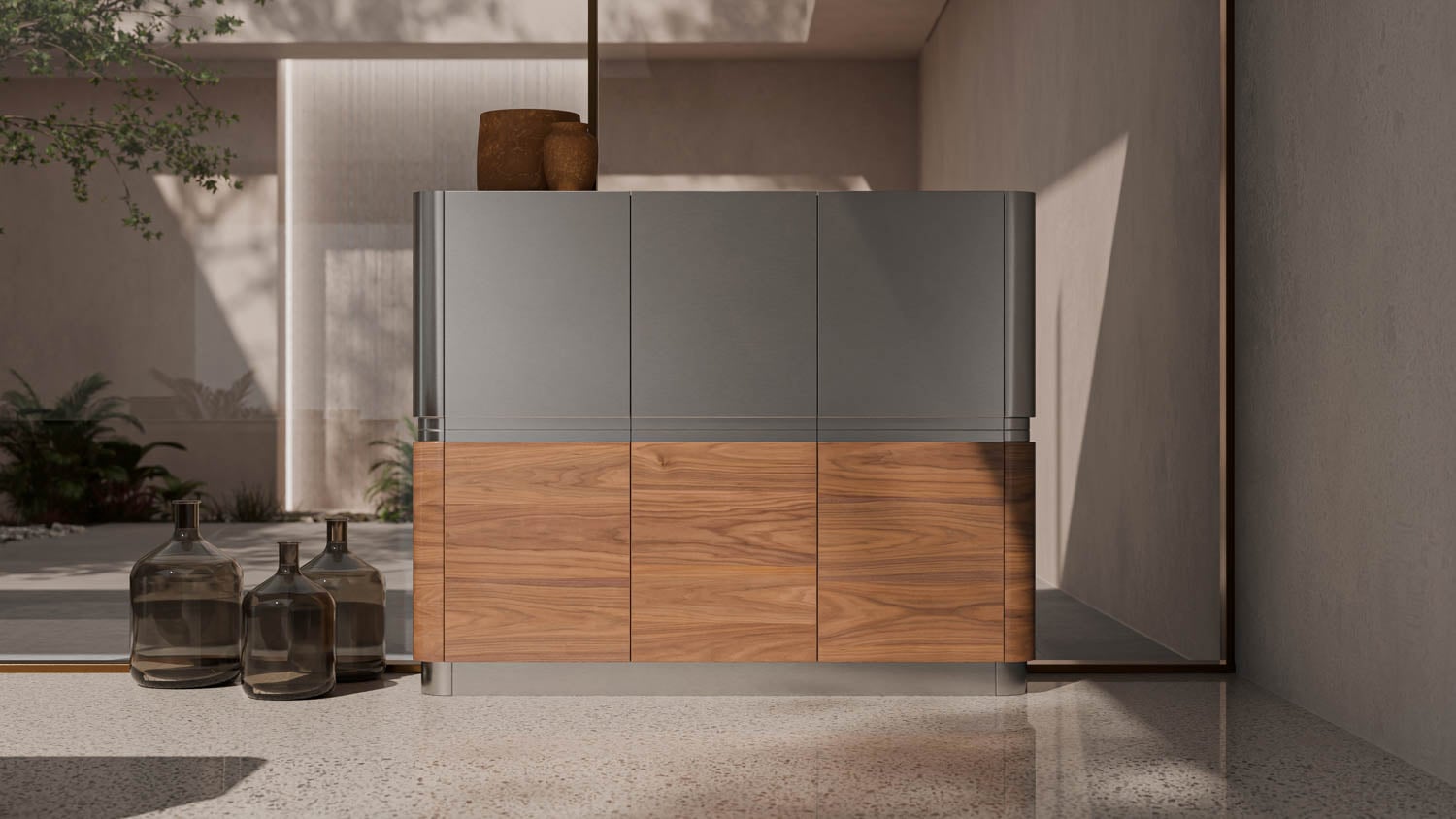 brown and silver pantry in kitchen