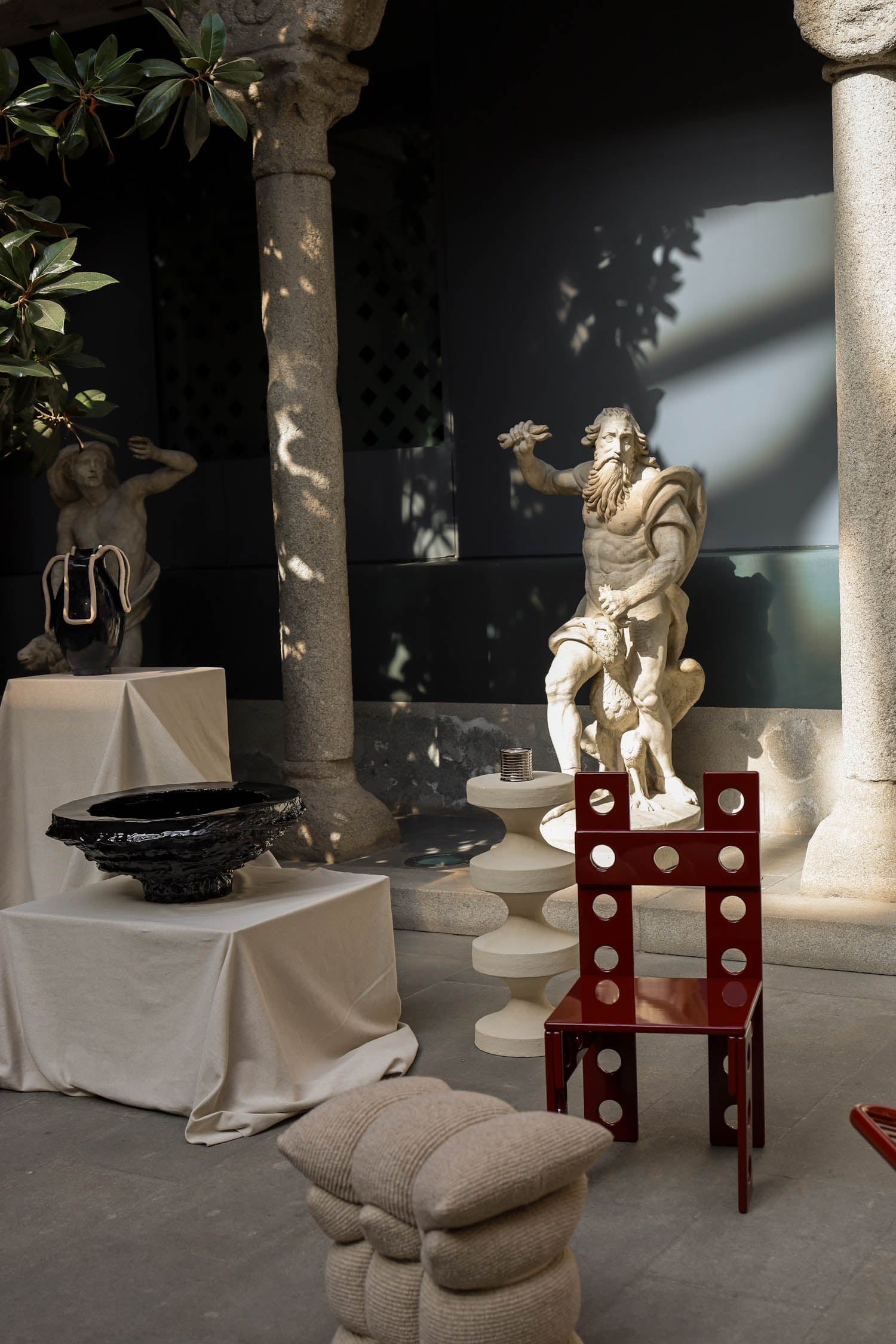 outdoor patio with statues