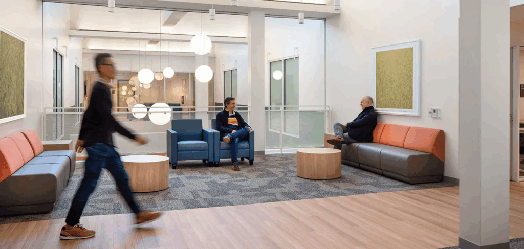 modern lobby with high ceilings and natural light