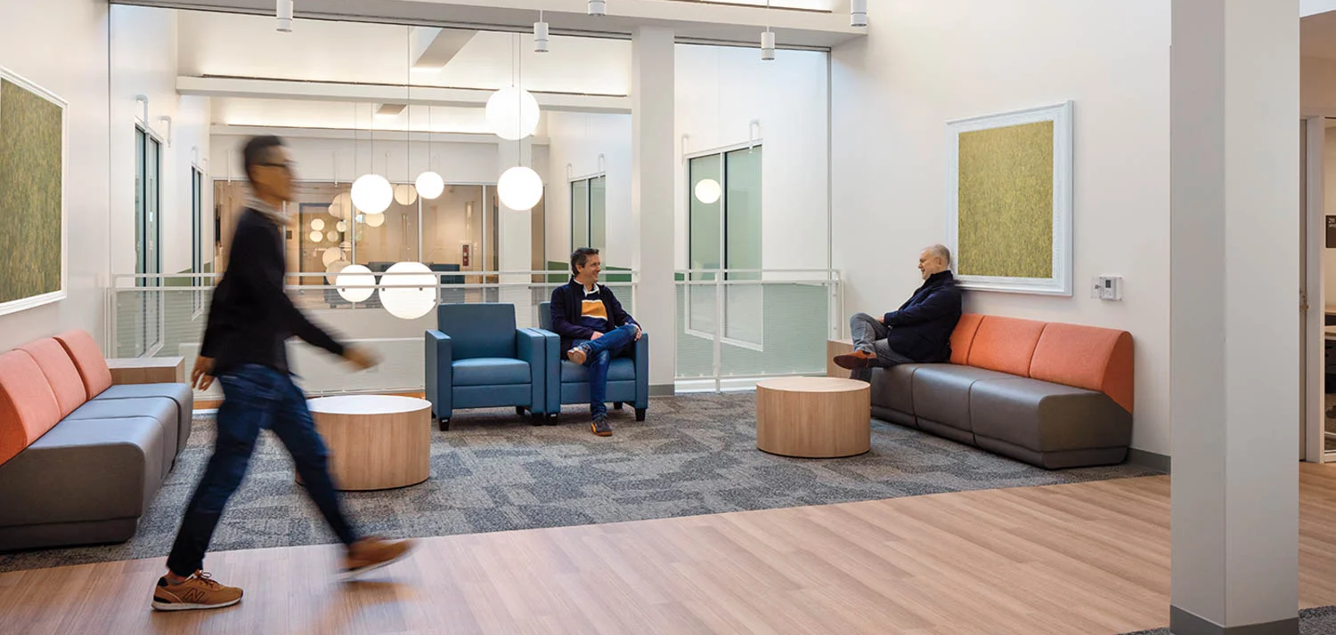 modern lobby with high ceilings and natural light