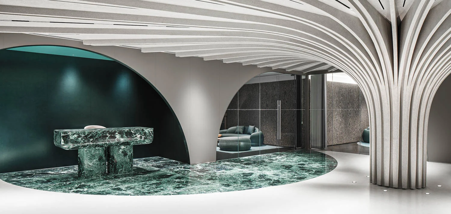 Futuristic lobby with a sculptural ceiling resembling a tree