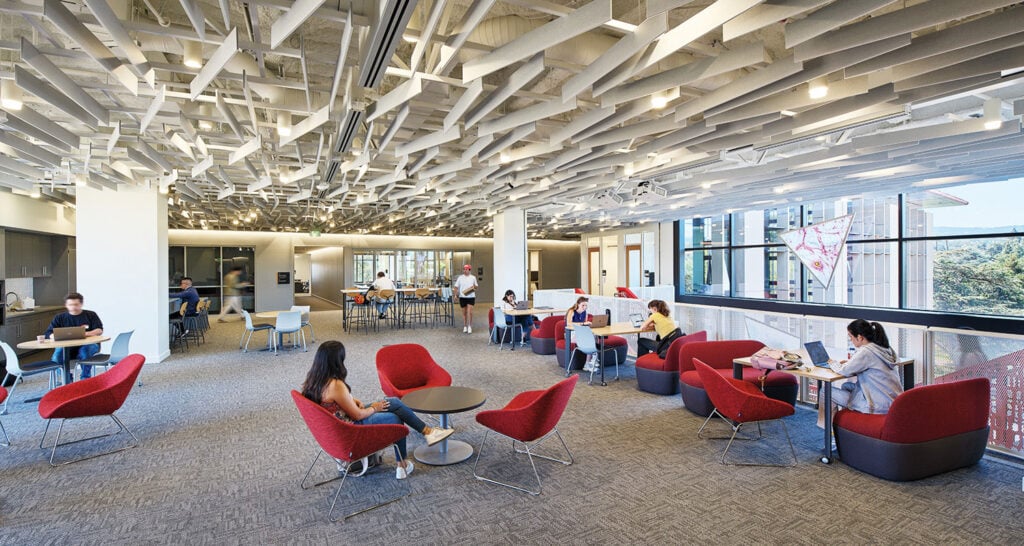 office area with red chairs