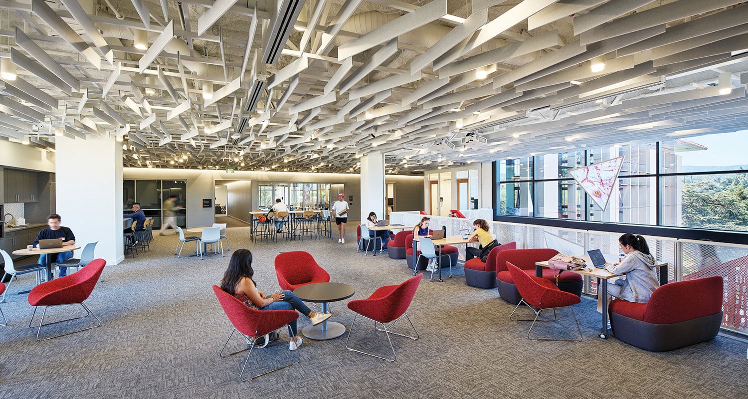 office area with red chairs