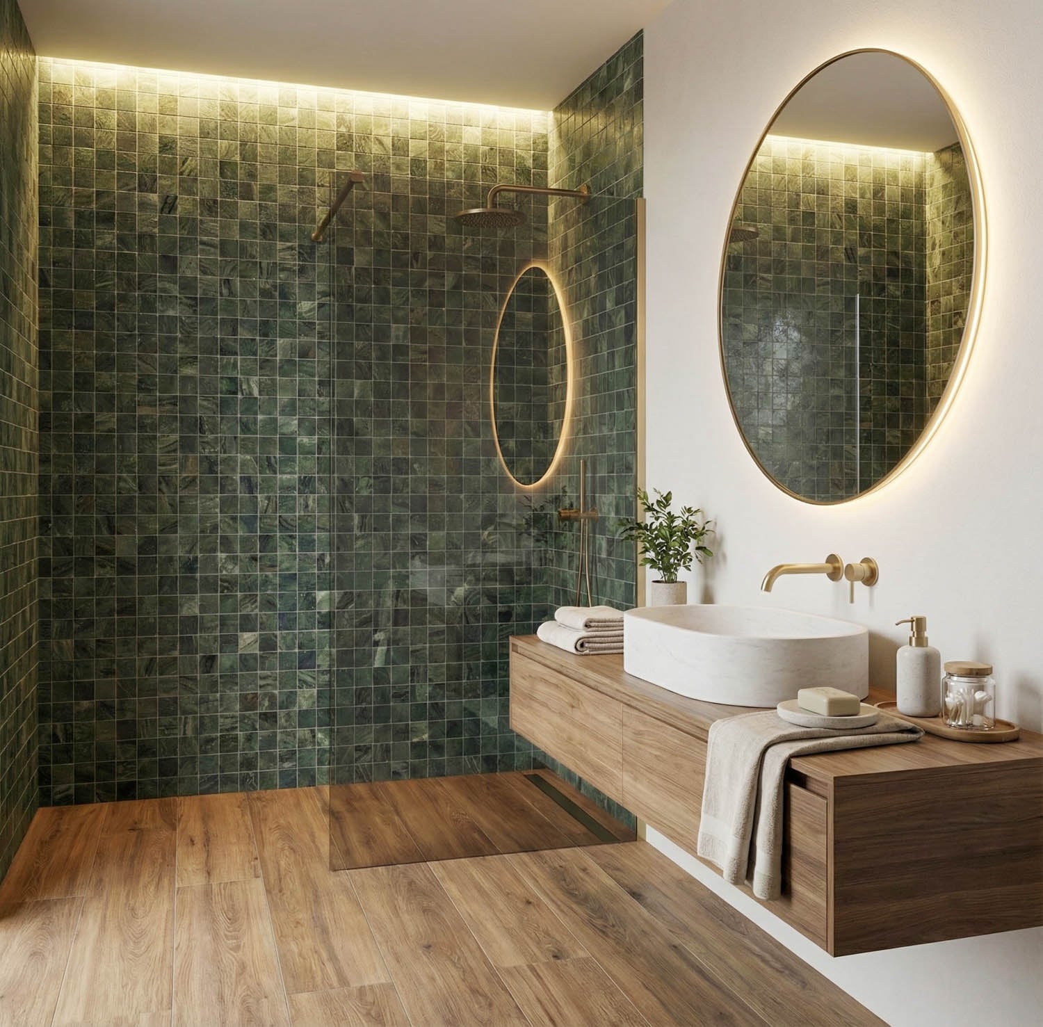 green tiled shower