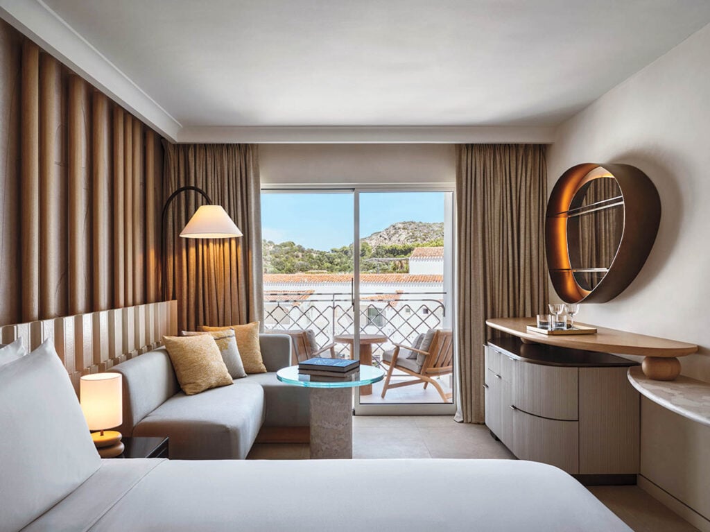 hotel room with gray furnishings