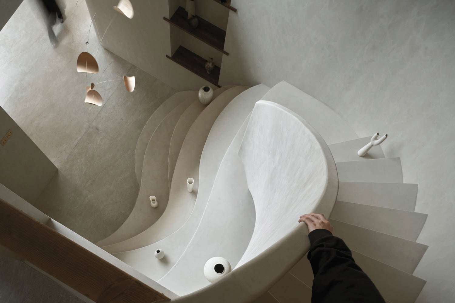a winding cream staircase