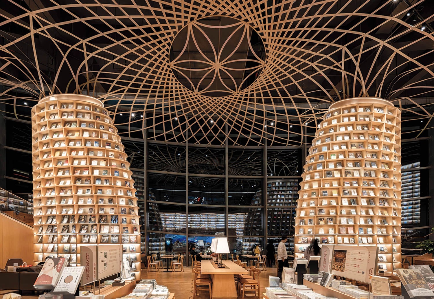 towers of books in this retail interior design