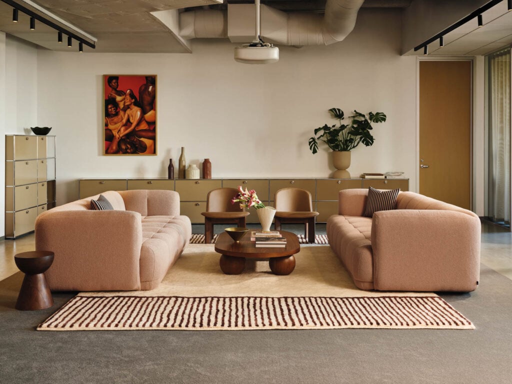 two cream couches in pattern beauty office