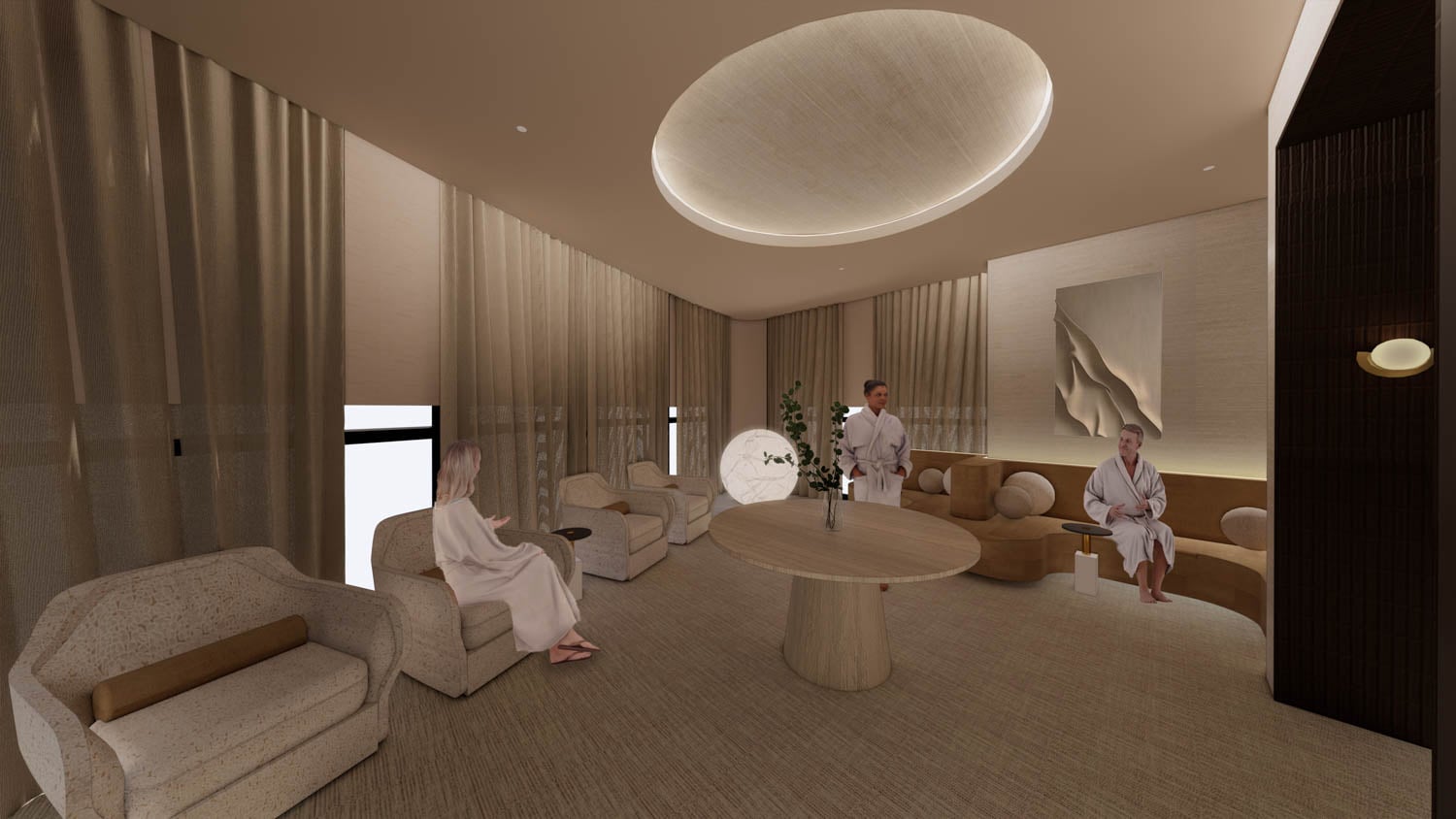 spa sitting area with white chairs