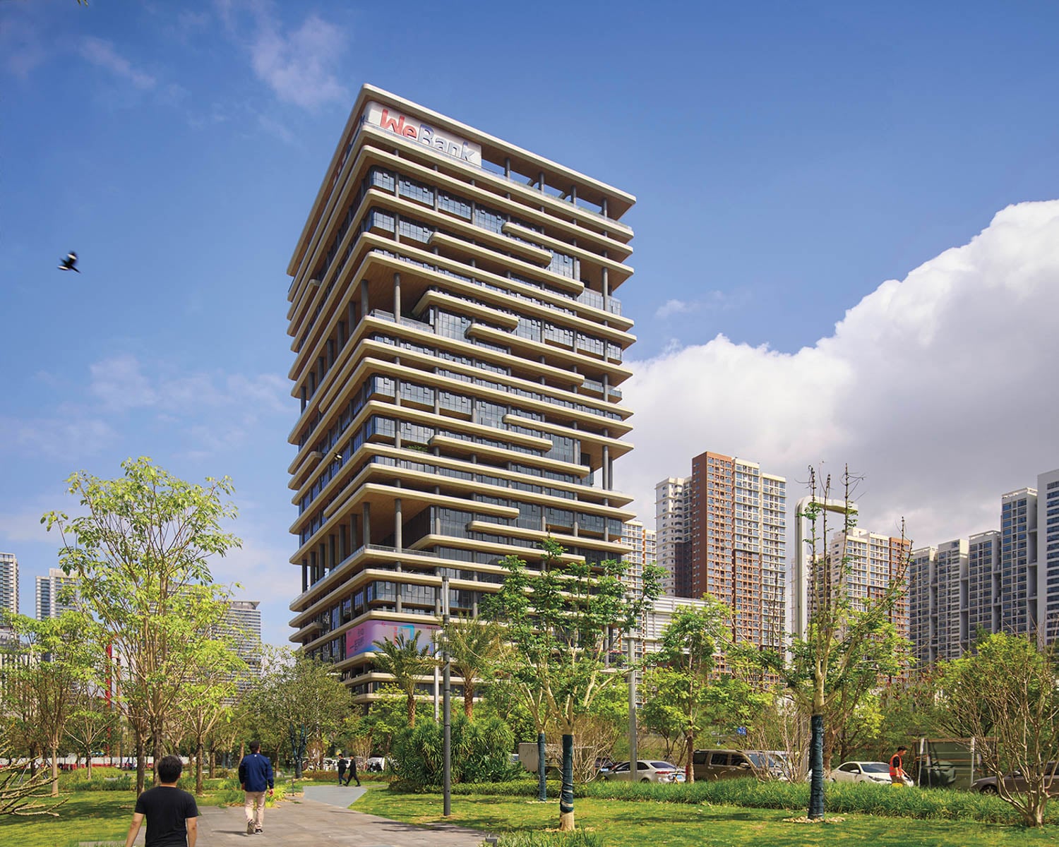 exterior facade of stacked corporate office interior design