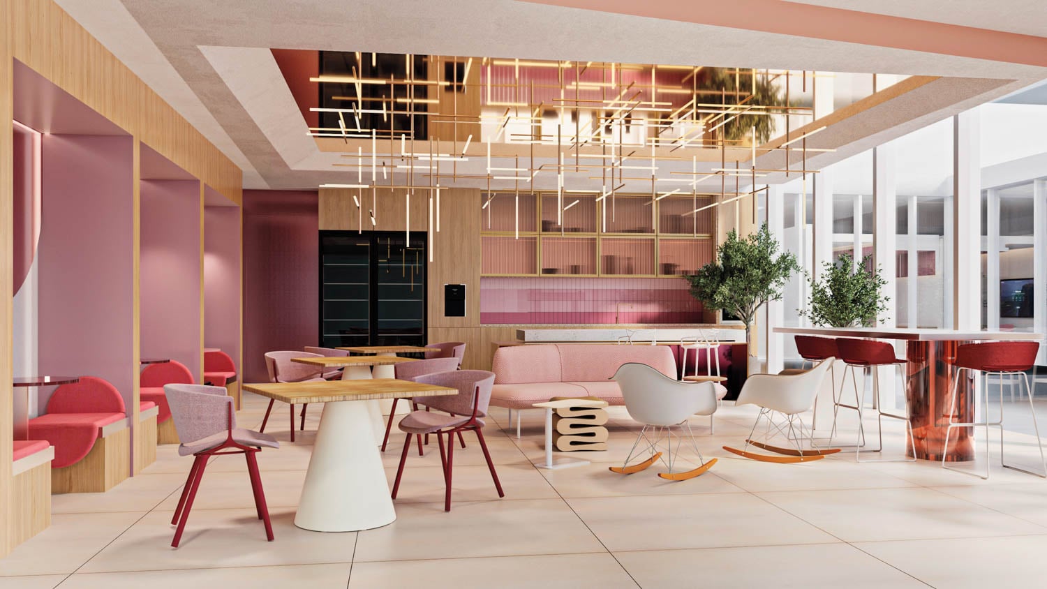 sitting area with pink walls and tables in corporate office interior design