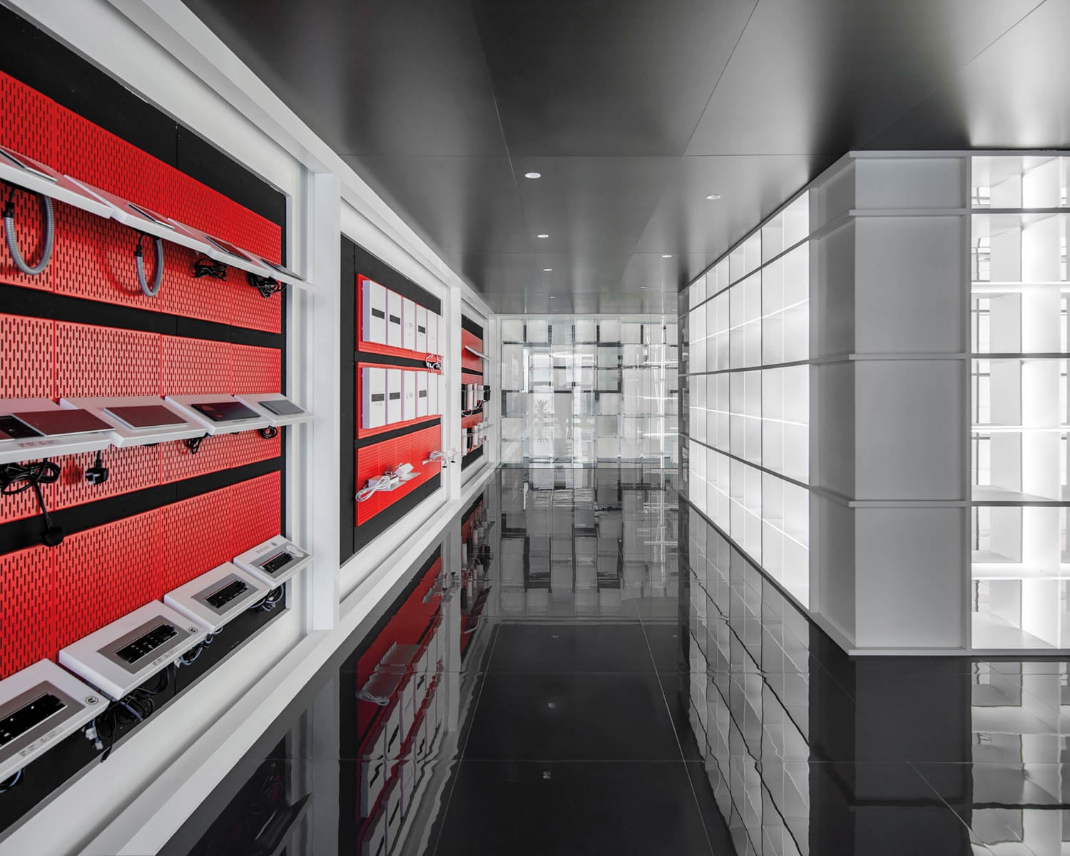 walkway with red walls