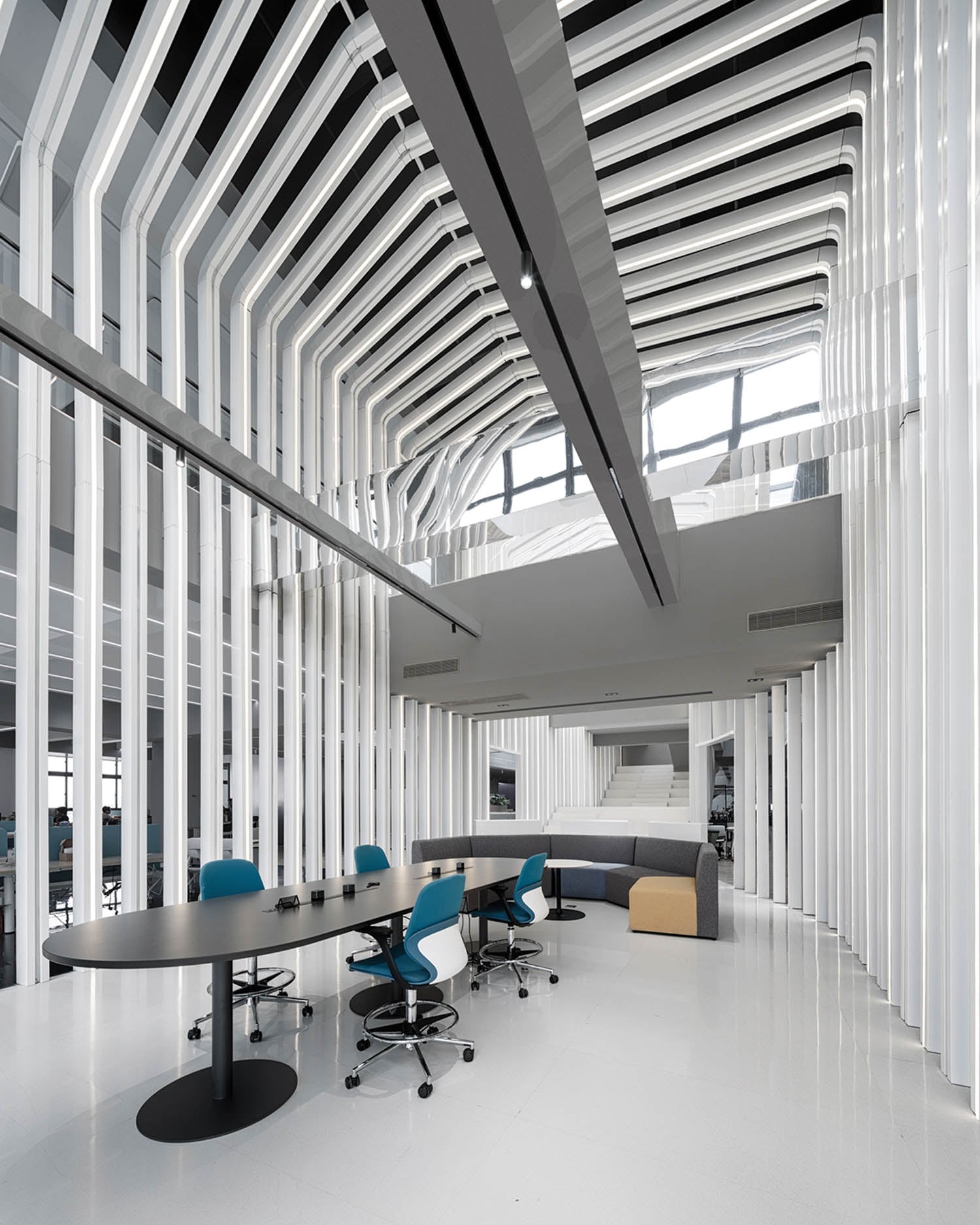 corporate office interior design with slatted walls