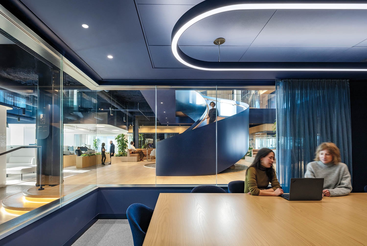 Modern office space with a blue and wood theme