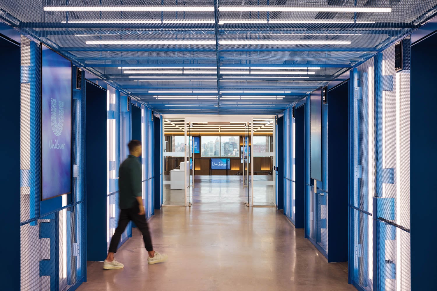 hallway with blue structures
