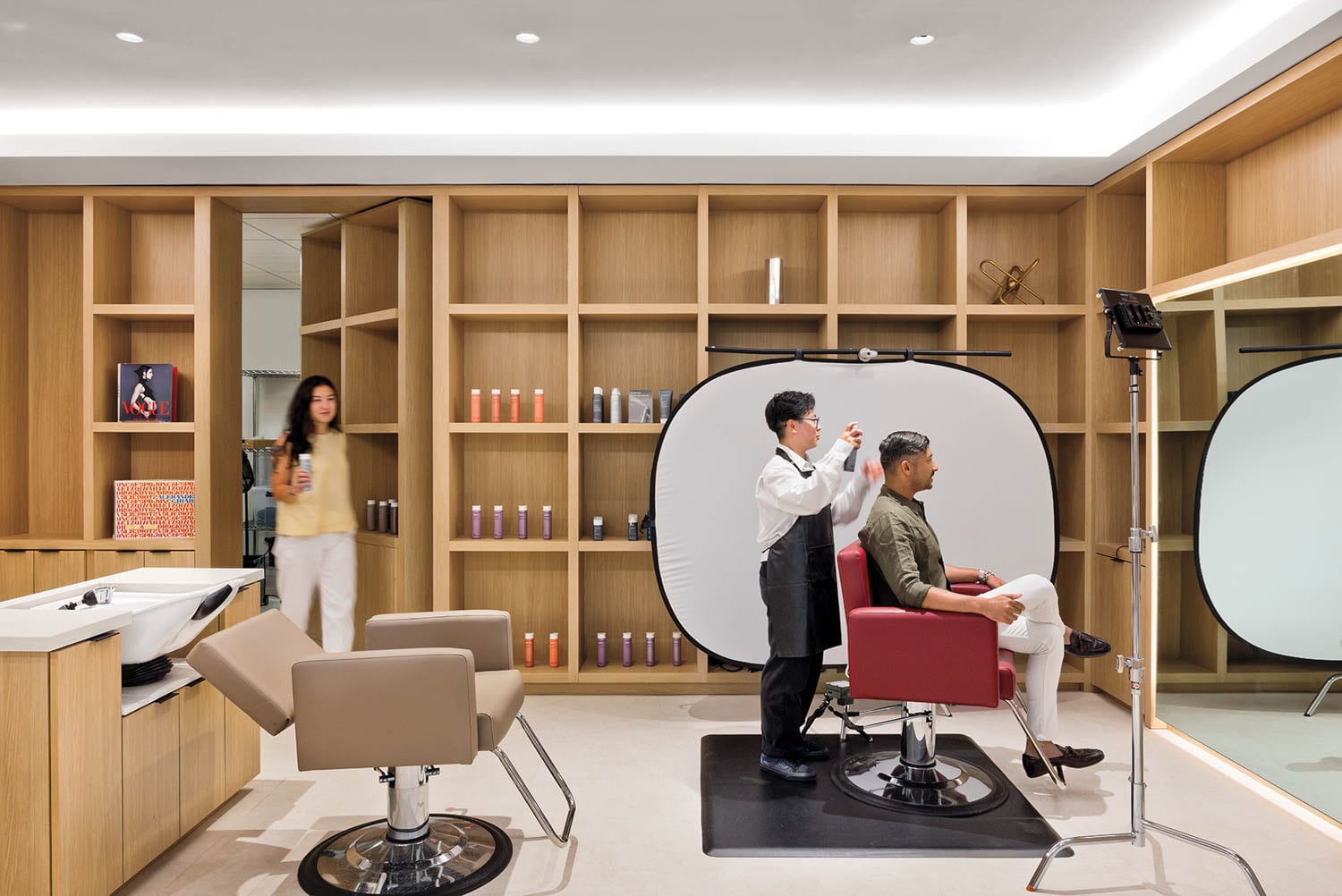 hair salon with wooden shelves
