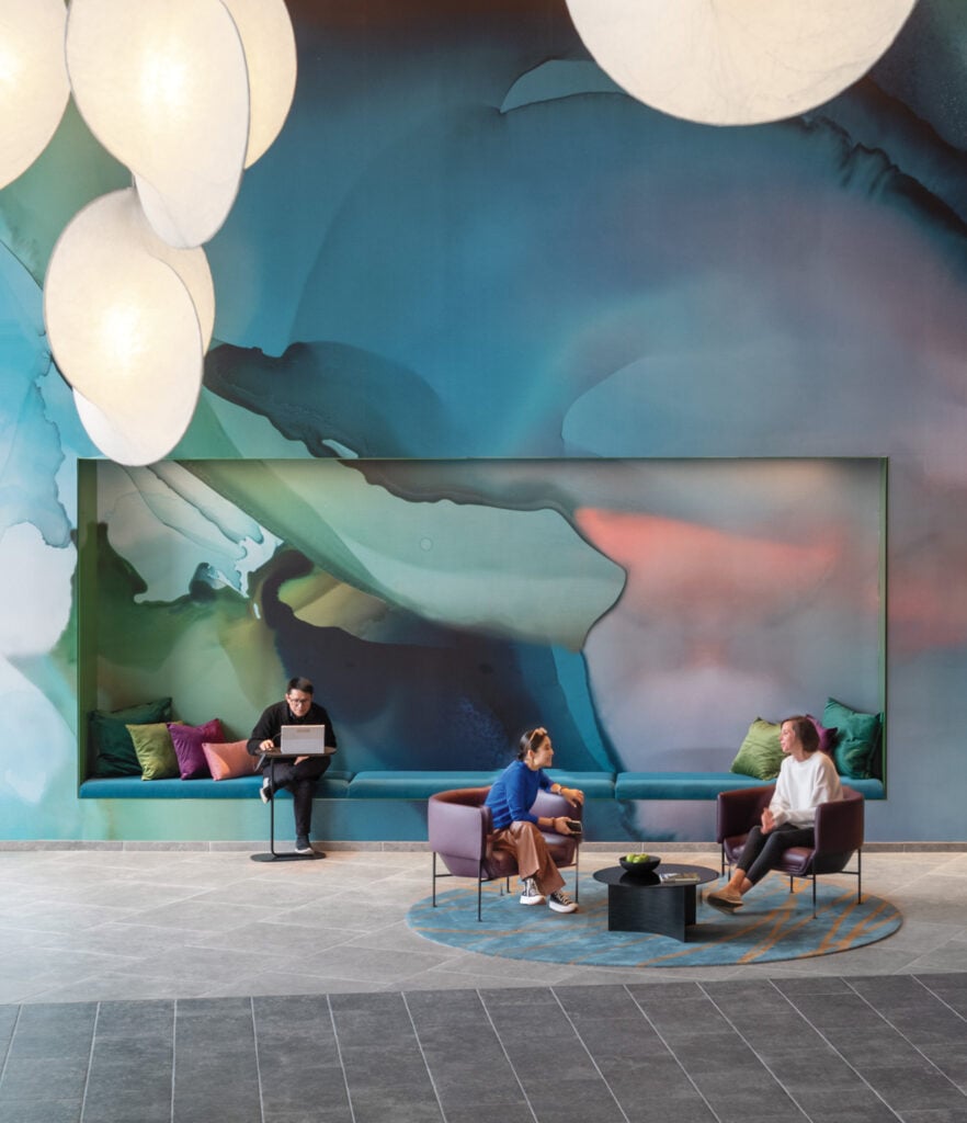 a blue and green office area