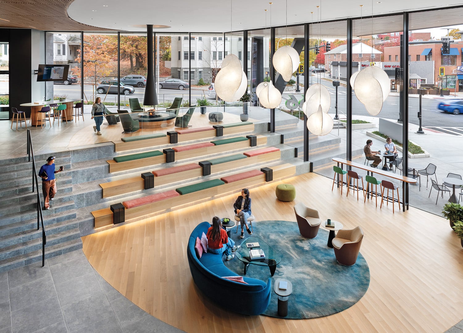 stadium seating and blue curved couches