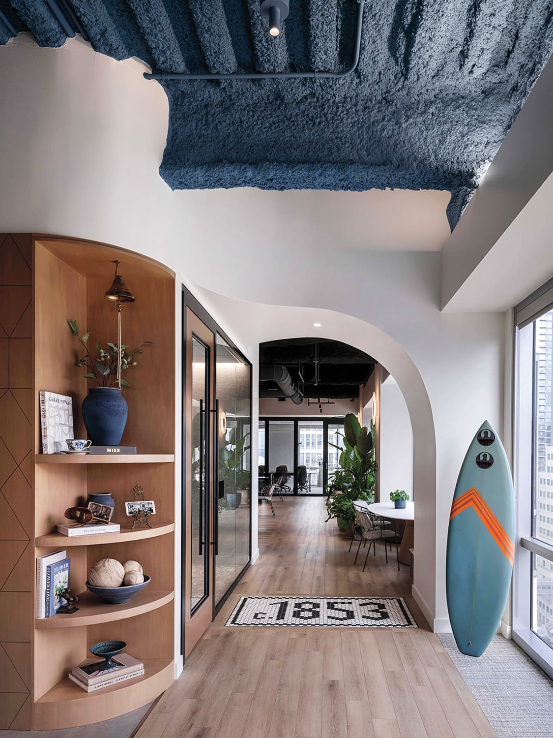 office hallway with wood shelves