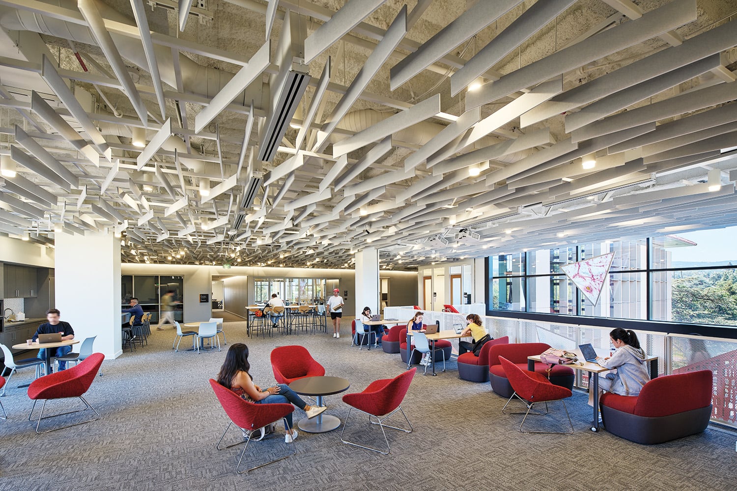 red chairs in communal area