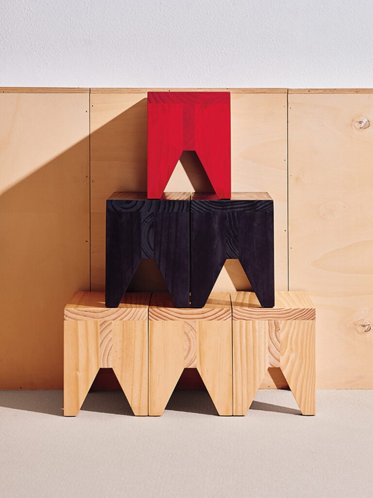 benches in red black and natural wood