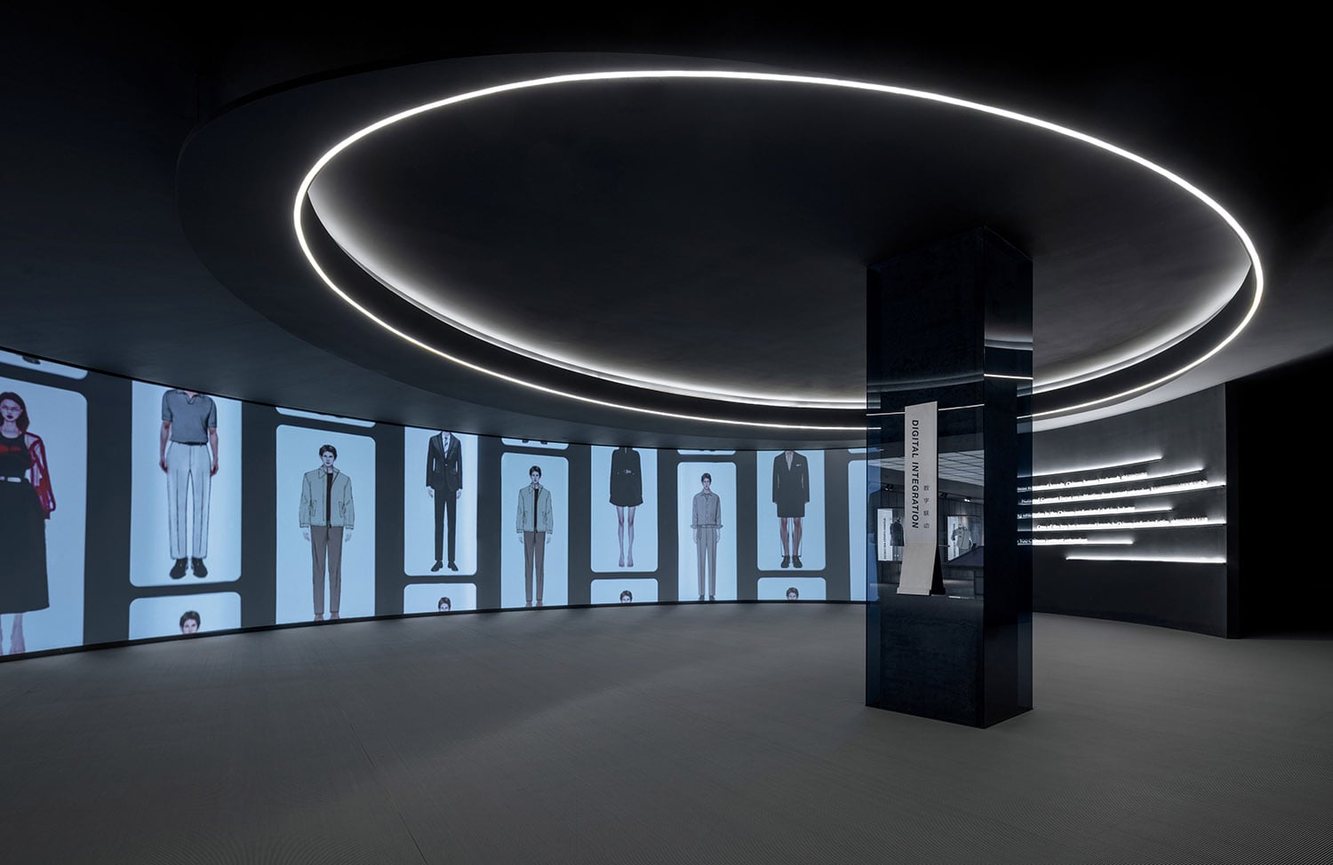 A room with a large circular light fixture.