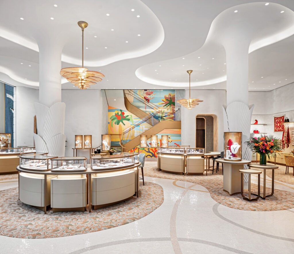 A large room with a large painting on the wall