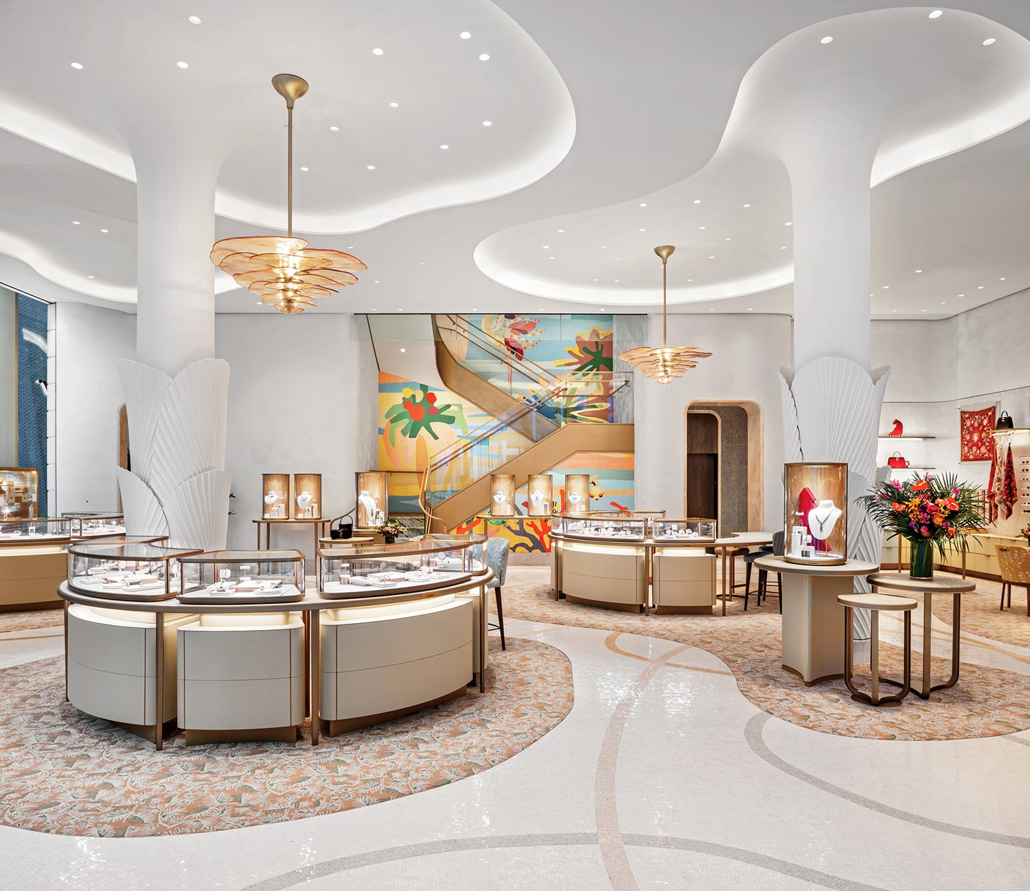 A large room with a large painting on the wall