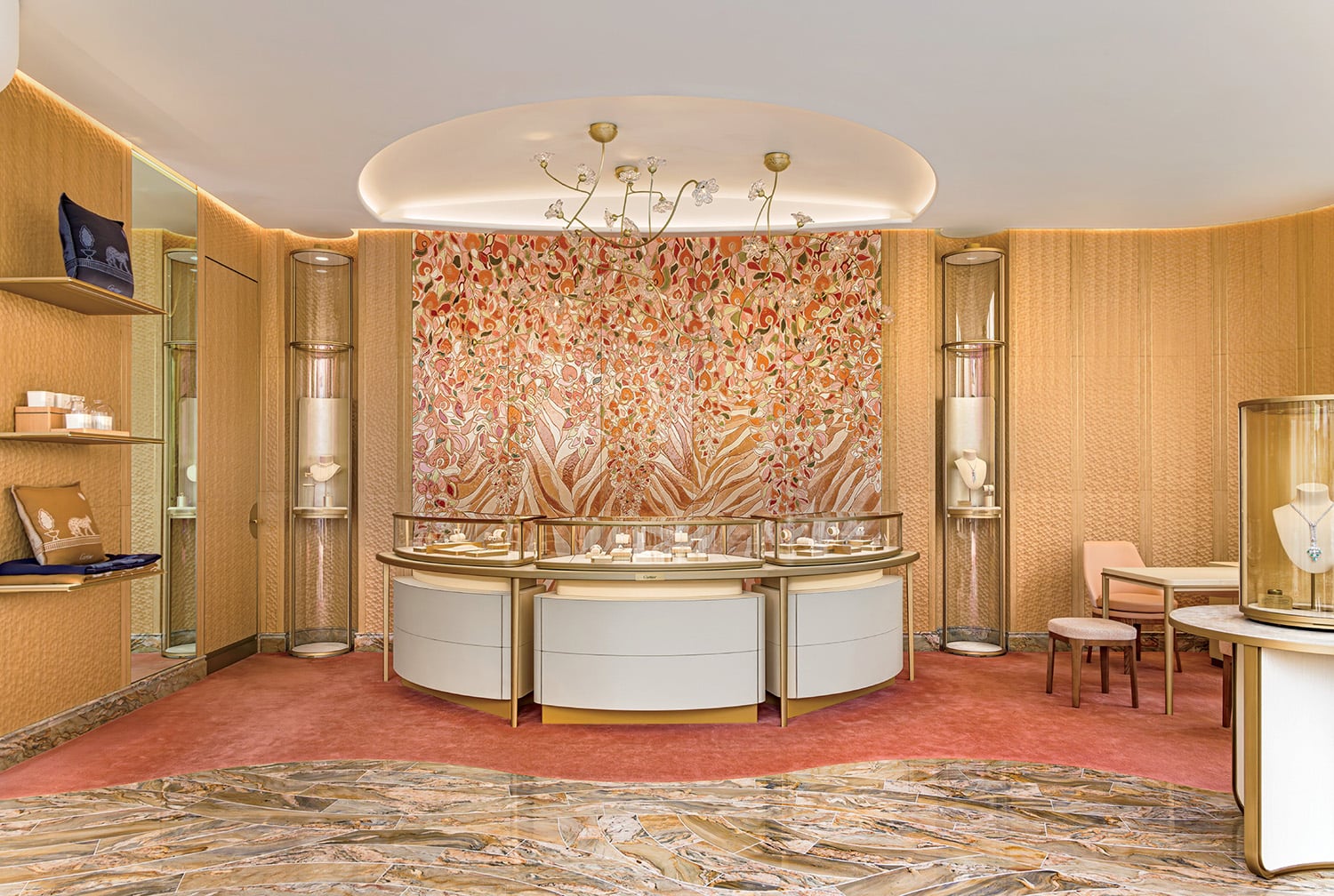 A room with a large wall of flowers