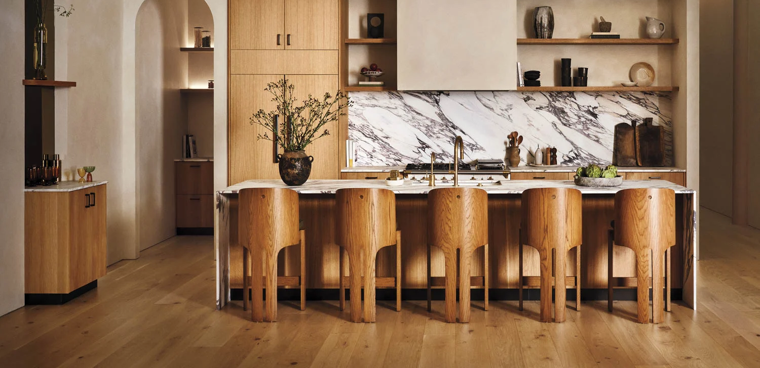 light-filled kitchen with marble backsplash