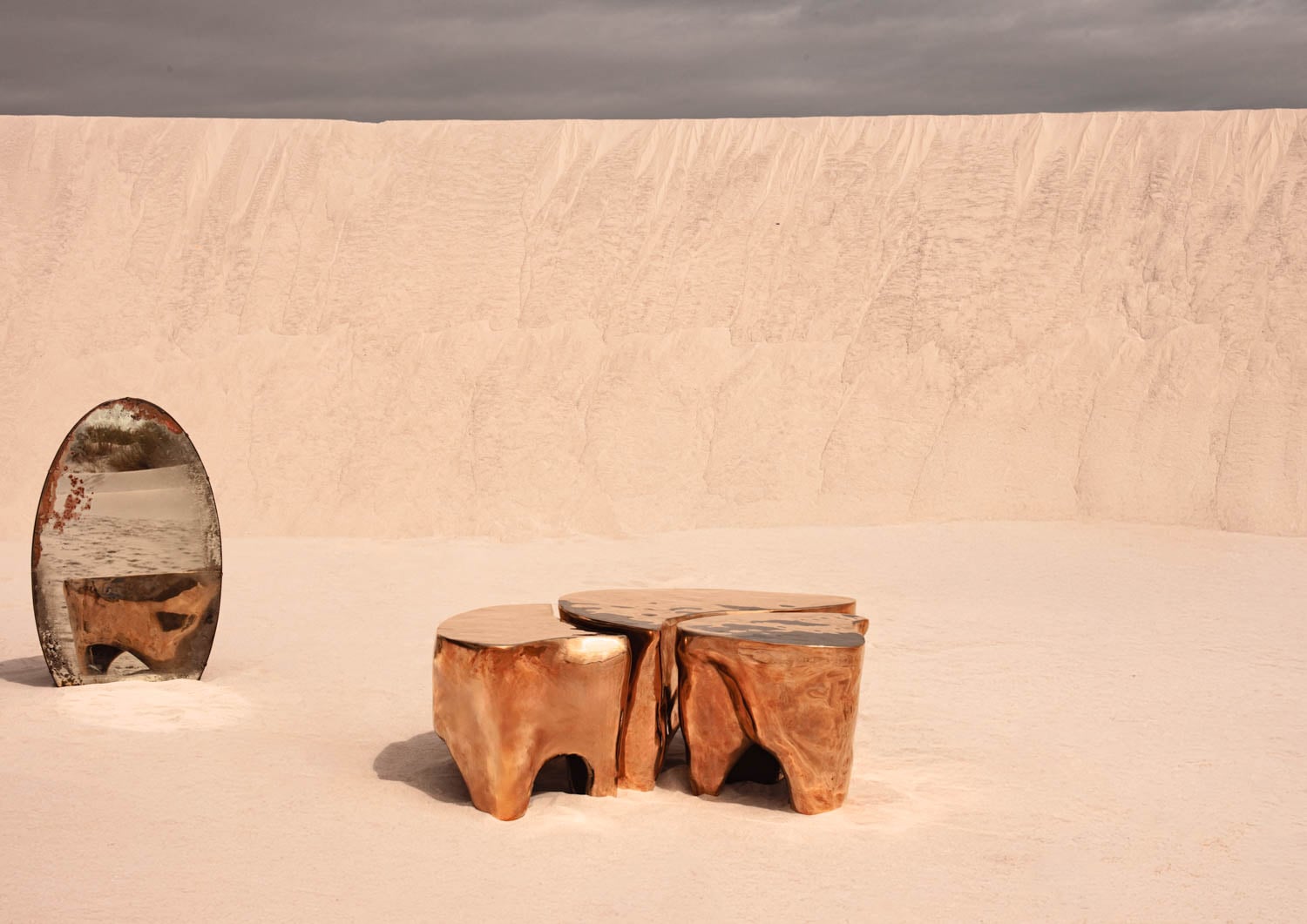 wood side table on peach background