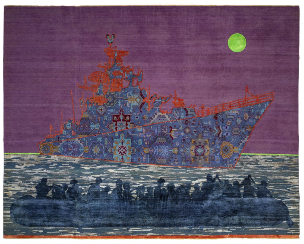 A patterned, colorful warship is depicted against a purple sky with a green moon, as a group of silhouetted figures sit in a raft on dark water in the foreground.