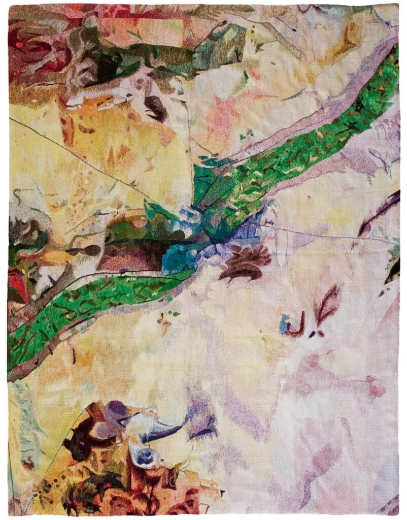 Abstract artwork featuring a central green, river-like streak surrounded by beige, purple, and brown organic shapes and textures on a rectangular canvas.