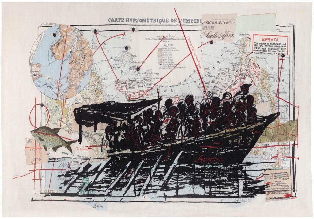 A black silhouette of migrants in a boat is overlaid on an old nautical map with red thread, text, and markings, suggesting themes of migration and geography.