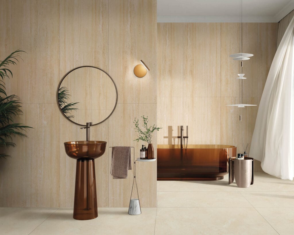 kamar mandi dengan alas wastafel berwarna coklat