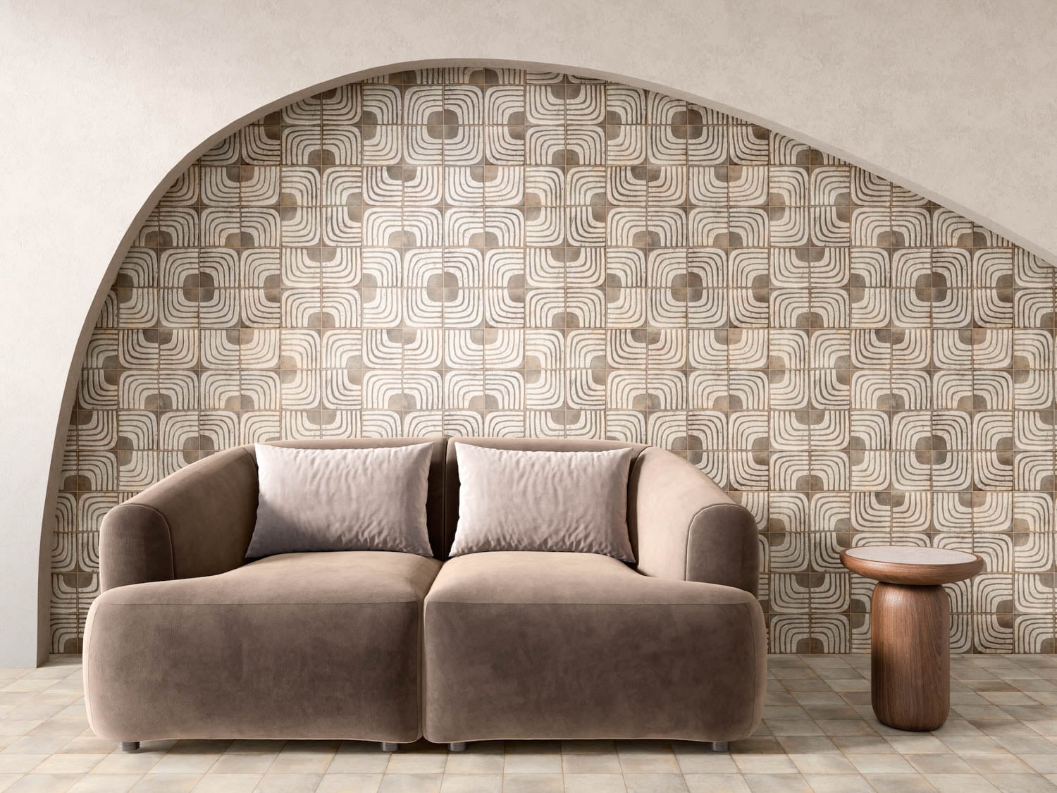 brown couch near tiled wall