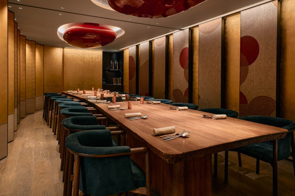 long wood table in private dining room
