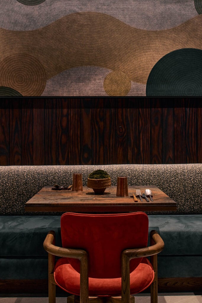 restaurant table with red chair