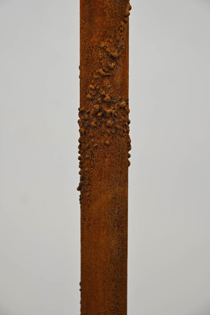 A close-up of a vertical metal rod with rust and pitting corrosion, showing rough and uneven surface texture against a plain background.