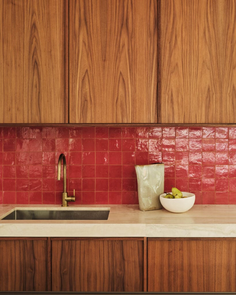 red tile backsplash in kitchen