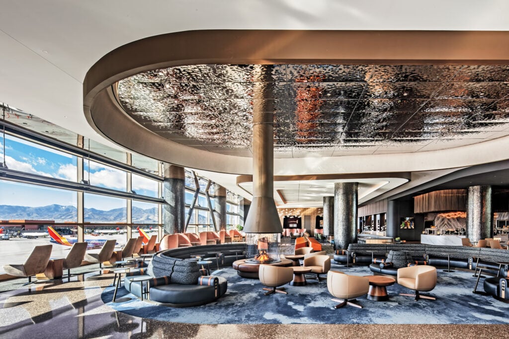 lounge area under metallic ceiling