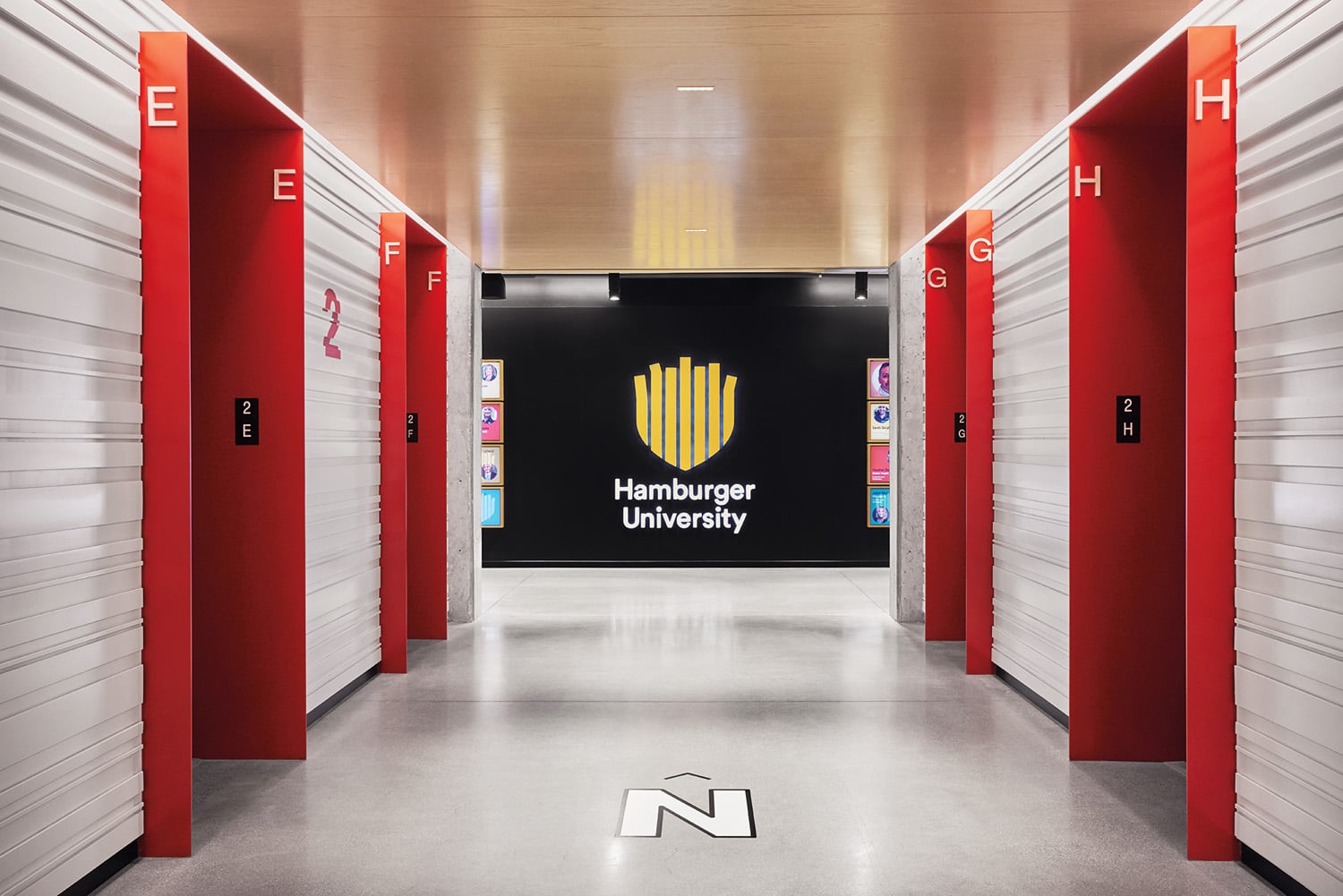 red doors in elevator bank