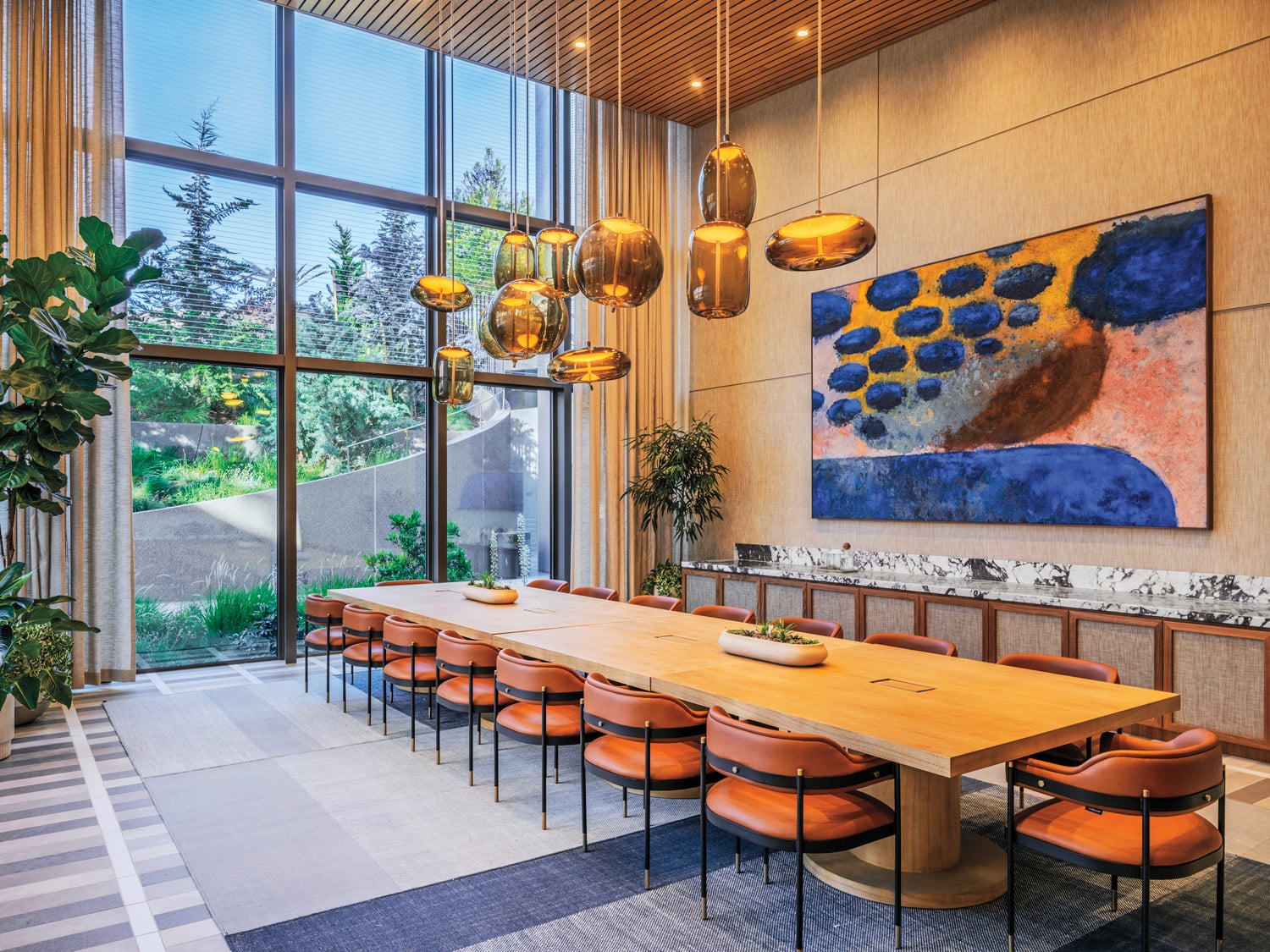 dining table with art on wall