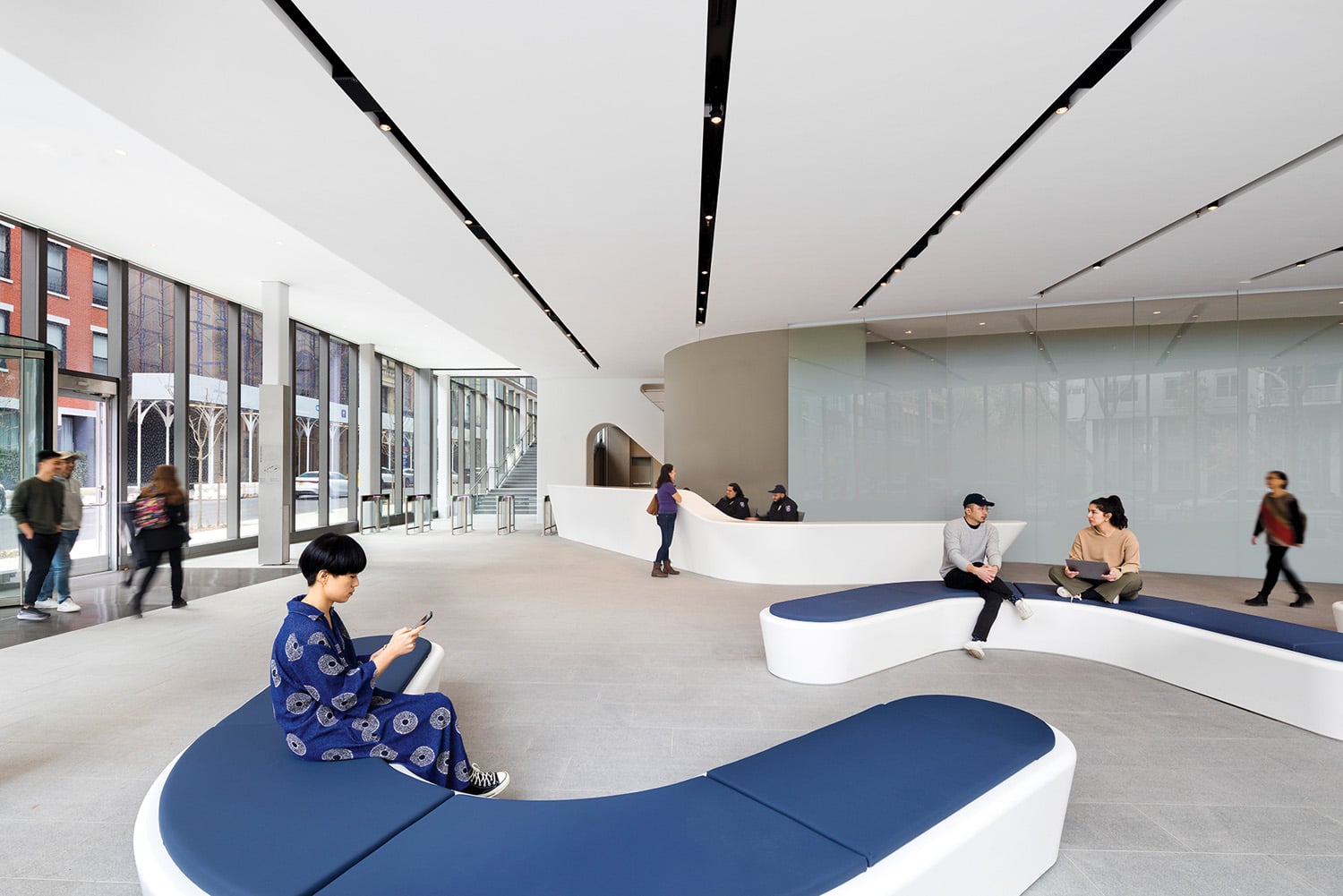 person reading on blue and white bench