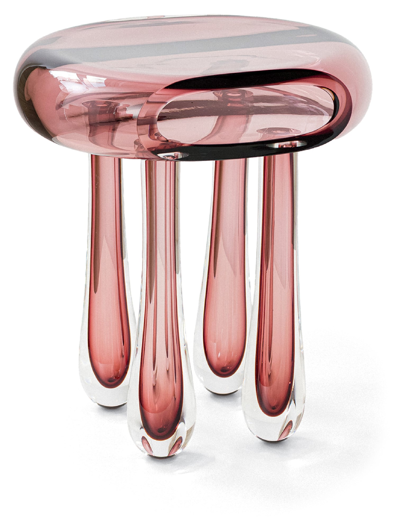 A pink stool with three legs on a white background